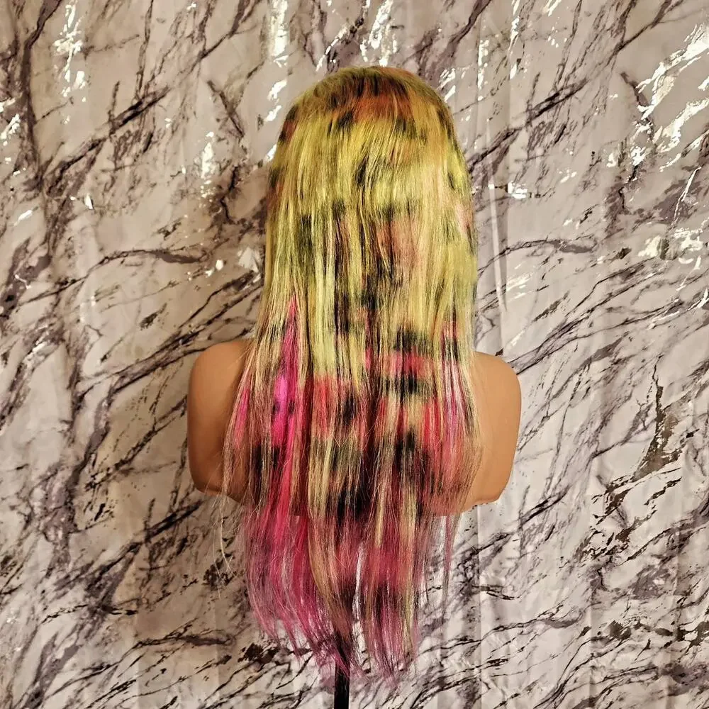 Yellow & Pink Scene 28 Inch Wig, 13x6 Lace Front Cheetah, Zebra Print